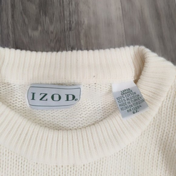 Vtg Izod Sweater Pull Over Embroidered Golf Clubs 100% Cotton Knit Cream Large - Picture 4 of 6